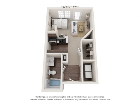 a stylized floor plan with a bedroom and a living room